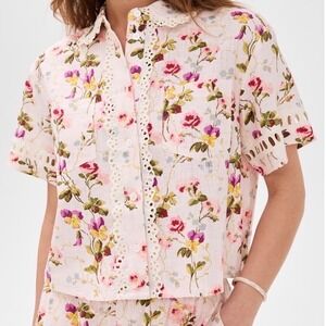 Hill House The Annette Top Floral Linen Boxy Top Eyelet Lace Cottagecore Shirt L